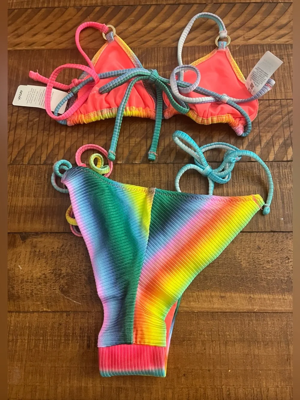 NWT Aerie FULL SET Shine Rib String Triangle Top + Cheekiest Tie Bottom Rainbow